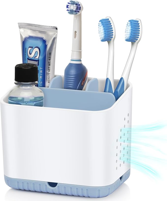 Toothbrush Holders for Bathrooms, Kids Electric Toothbrush and Toothpaste Holder, 4 Slots Tooth Brushing Holder for Bathroom Organizer Countertop, Bathroom Accessories (Blue)