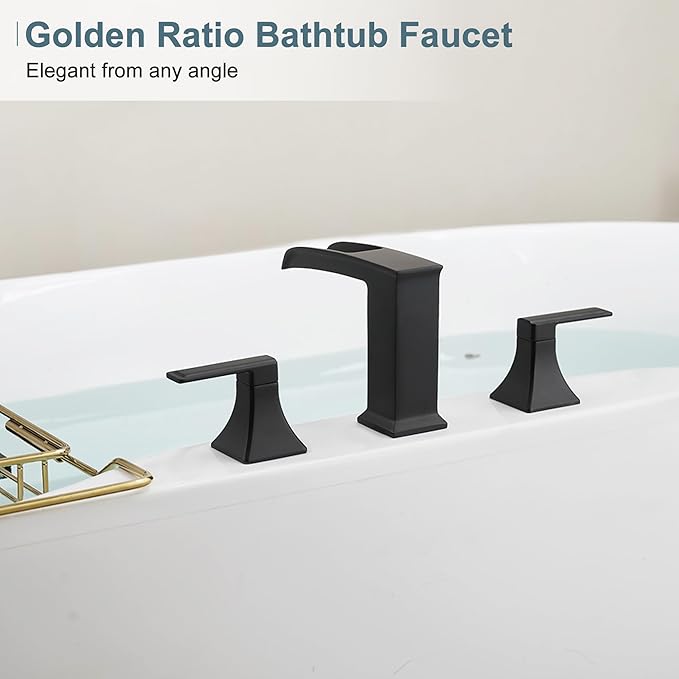 Brass High Flow Roman Bathtub Faucet Black Tub Faucet, Waterfall Bath Tub Faucet Set 3 Hole, Widespread Bathtub Faucets Deck Mount Bath Tub Faucets with 2 Knob, Pre-Installed Water Hose