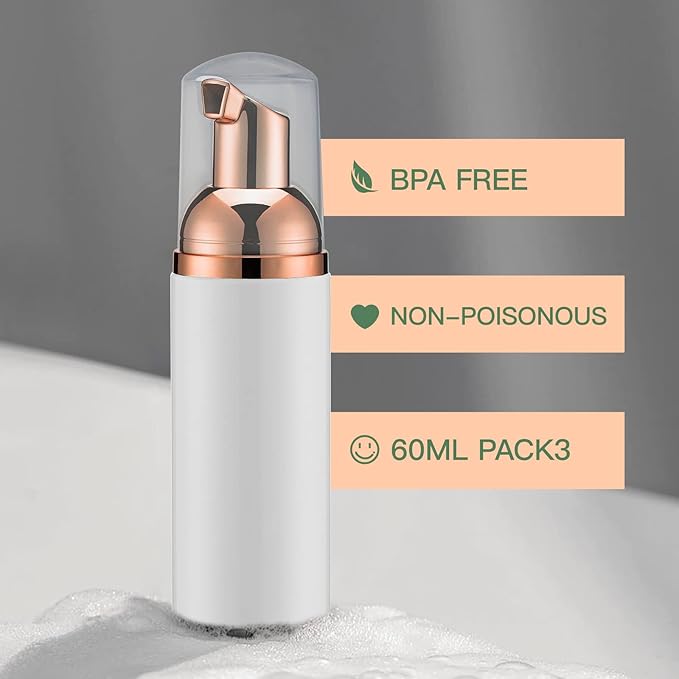 2oz Foam Pump Bottle (3PCS) Empty Travel Foaming Dispenser for Hand Soap, Lash Cleanser, Shampoo (60ml, Rose Gold &Black,White,Pink