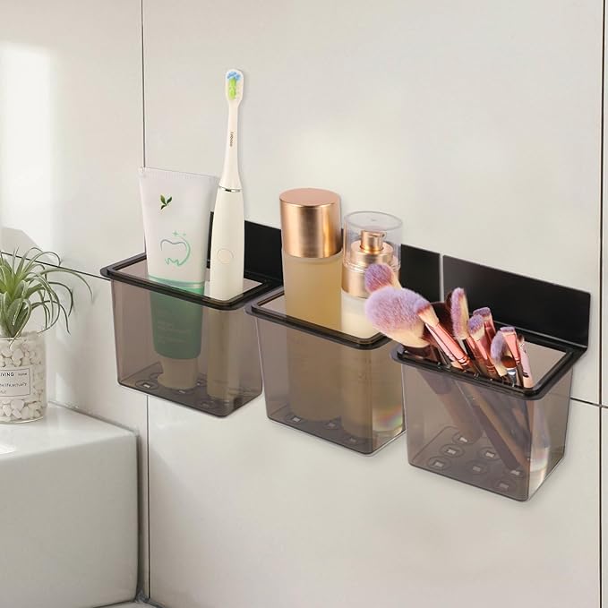 3 Pack Modern Black Metal Clear Plastic Toothbrush Holders,Toothpaste Holder Set - Kids & Adults with Wall-Mounted Metal Bathroom Organizer Set for Bathroom