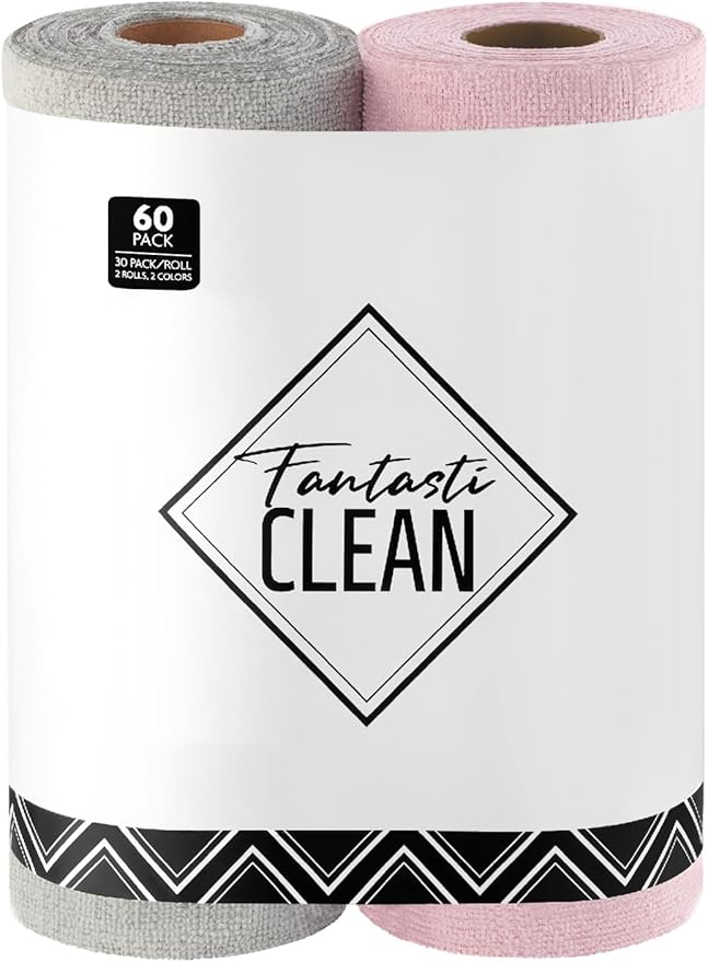 Fantasticlean Microfiber Cleaning Cloth Roll -60 Pack, Tear Away Microfiber Towels, 12" x 12", Reusable, Washable, Scratch Free, Ultra Absorbent Dishcloth for Car, Home Supplies (Pink & Grey)