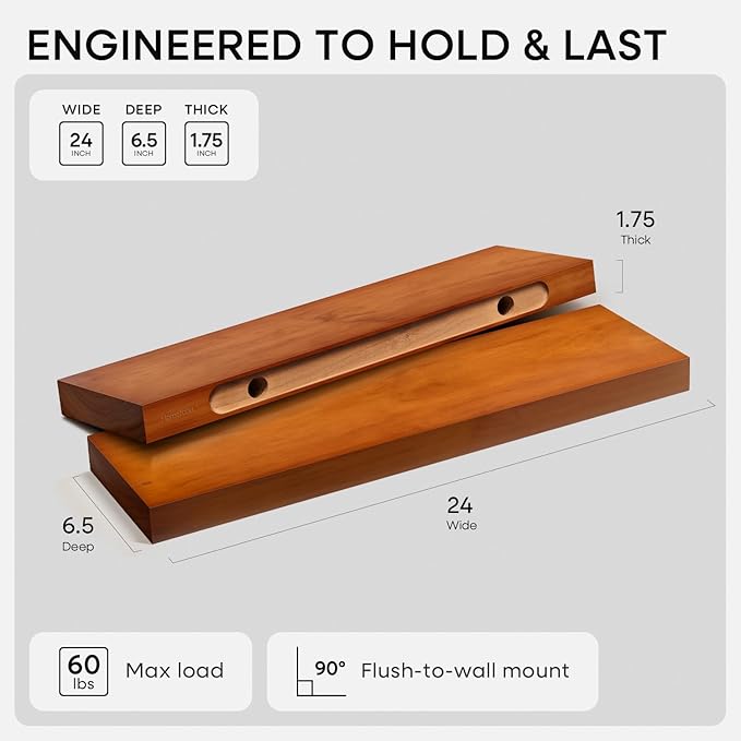Homeforia 24inch Oak Floating Shelf for Wall, High End Solid Real Wood 24 inches Long Floating Shelves for Bathroom, Honey Oak Wooden Floating Shelves, Heavy Duty Bracket, 24 X 6.5 X 1.75 in, Set of 3