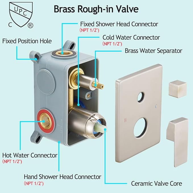 Shower Faucet Set Complete, Wall Mount Shower System for Bathroom 12 Inch High-Pressure Rainfall Shower with Handheld, Rough-in Valve Body and Trim Kit, Brushed Nickel
