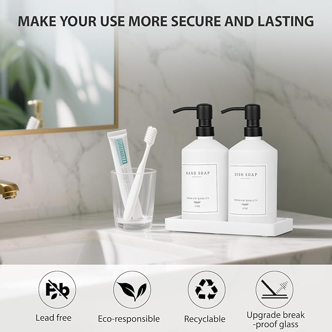 White Glass Kitchen Soap Dispenser Set, 17 OZ Hand and Dish Soap Dispenser Set with Rustproof Stainless Pump, 14 Waterproof Labels, Non-Slip Tray, Modern Bathroom Accessories(White Bottle/Black Pump)