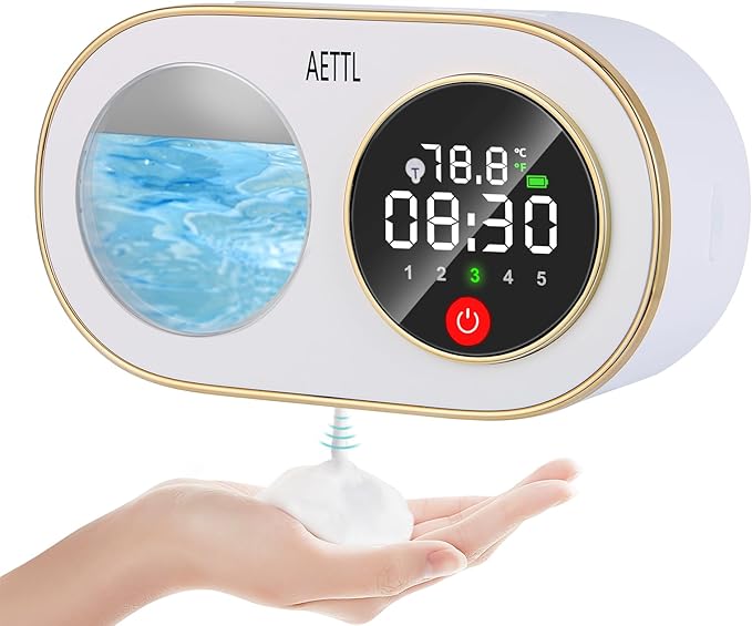 Touchless Automatic Foaming Hand Soap Dispenser Wall Mount,Kitchen Bathroom,Modern Smart Home,USB Type-C Rechargeable,Long Battery Life,Time and Temperature Display,5-Level Adjustable,10.8 oz