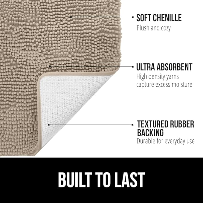 GORILLA GRIP Bath Rug Mat 44x26, Thick Absorbent Chenille, Quick Dry Microfiber Mats, Rubber Backing Washable Shower Floor Rugs, Bathmat Runner, US Designed Bathroom Home Decor Accessories Gray Beige
