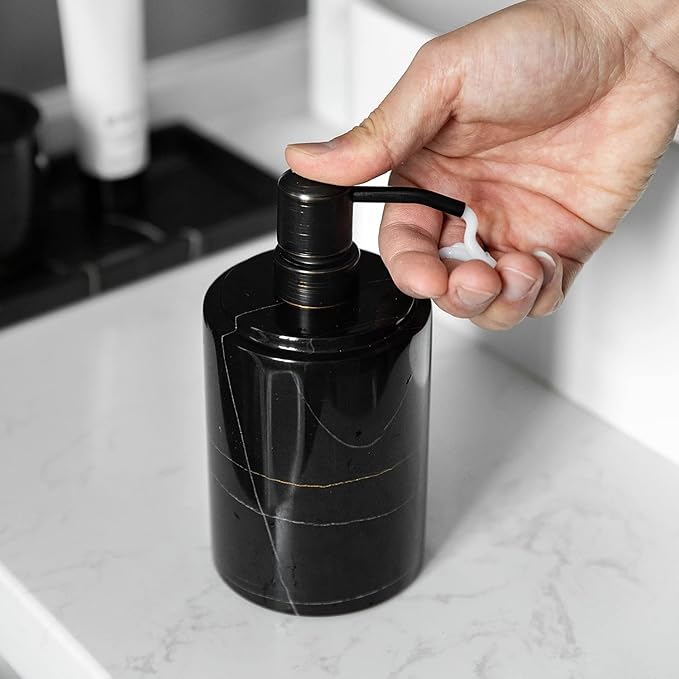 Black Marble Soap Dispenser Hand or Dish for Bathroom & Kitchen - Decorative Natural Marble Stone Liquid Soap/Lotion Dispenser - Stainless Steel Soap Dispenser Easy-Glide Pump - Refillable