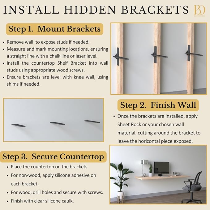 12 inch Floating Countertop Support Brackets by Balin Designs, Free hanging Floating Shelf Brackets Heavy Duty, Invisible Wall Shower Bench T Support for Vanities, Granite Countertops, (2 pack)