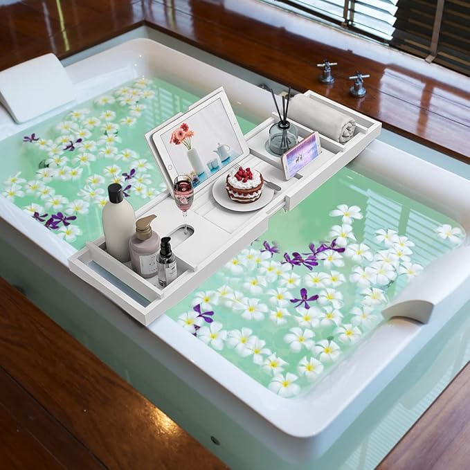 Zhuoyue Bamboo Bathtub Tray, Expandable Premium Bath Tray for Luxury Bathroom, Adjustable Bath Accessories for Tub with Soap Towel Book Holder, Extendable 29.5-43.3" White