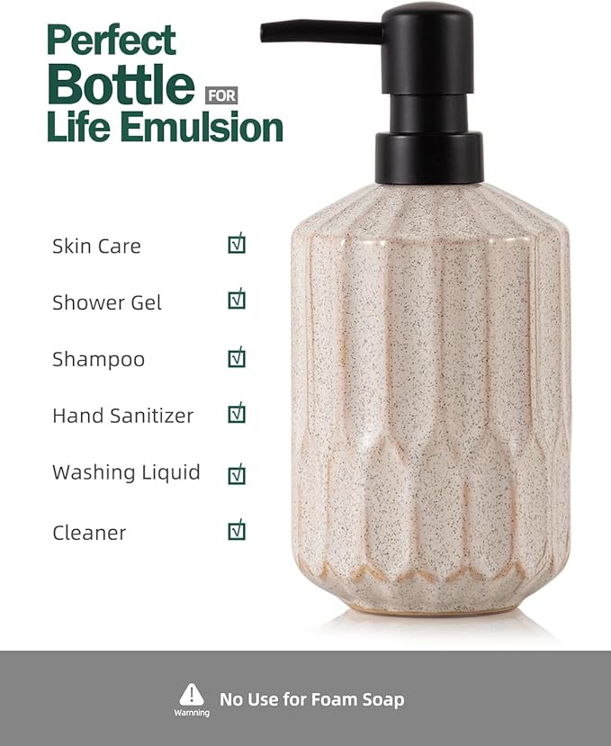 FE FUN ELEMENTS Fun Elements Bathroom Soap Dispenser, 16 Oz Luxurious Hand soap Dispenser for Bathroom, Ceramic Liquid Countertop with Plastic Pump, Silicone Funnel (Black Pump)