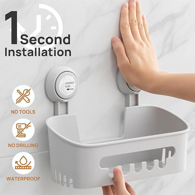 LEVERLOC Shower Caddy Suction Cup Set Shower Organizer & Soap Holder & Toothbrush Holder, Bathroom Shelf Basket NO-Drilling, Removable Suction Storage Waterproof Bathroom Caddy, Gray
