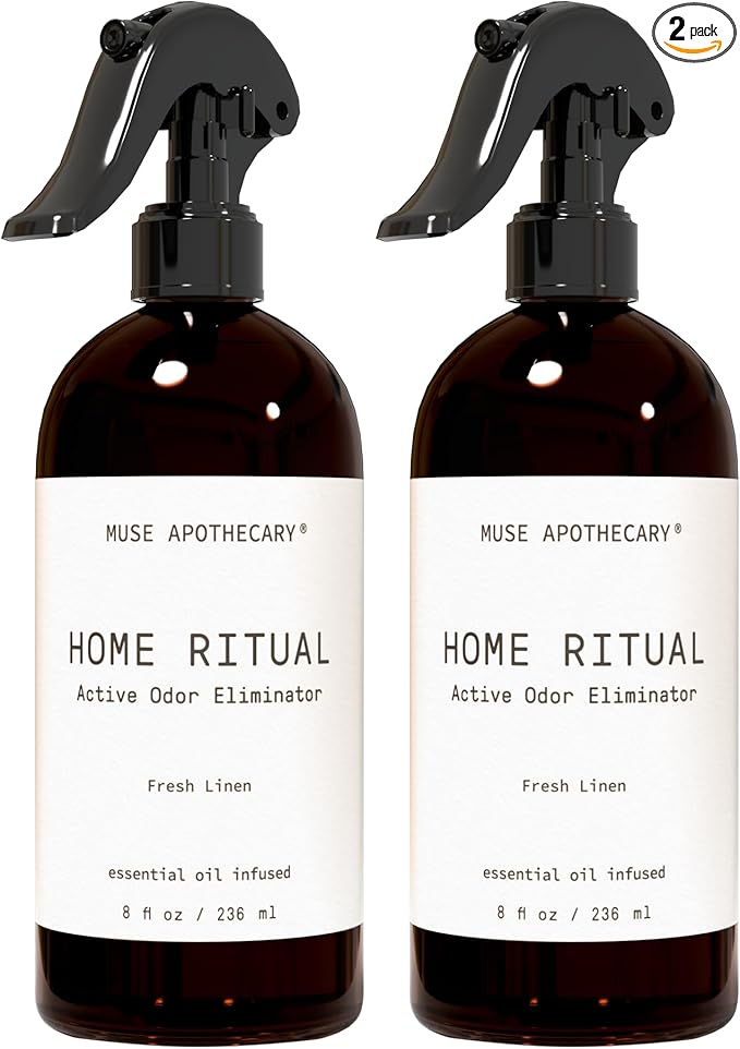 Muse Apothecary Home Ritual Active Odor Eliminator Spray - Furniture Deodorizer Spray & Bathroom Odor Eliminator for Home - Essential Oil Air Freshener - 8oz, Fresh Linen