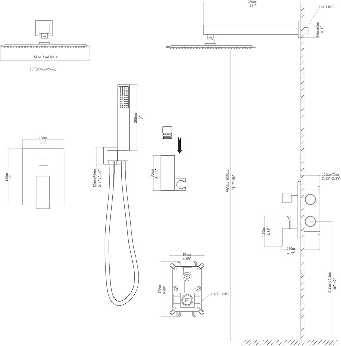Lordear 10 Inch Shower Head Faucet Wall Mounted Chrome Polished Rainfall Shower System Set Stainless Steel Showerhead with Handheld Combo, Brass Valve Included
