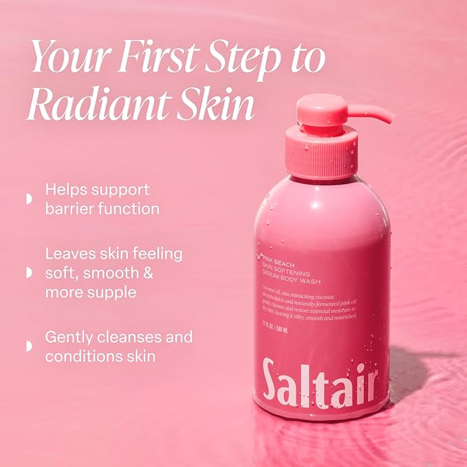 Saltair Body Wash, Pink Beach 2-Pack. Moisturizing Body Cleanser with Monoi Oil and Cupuacu Butter. Luxury Shower Gel for Women and Men. Vegan, Cruelty-Free, Paraben-Free. 2x 17oz Pump Bottles