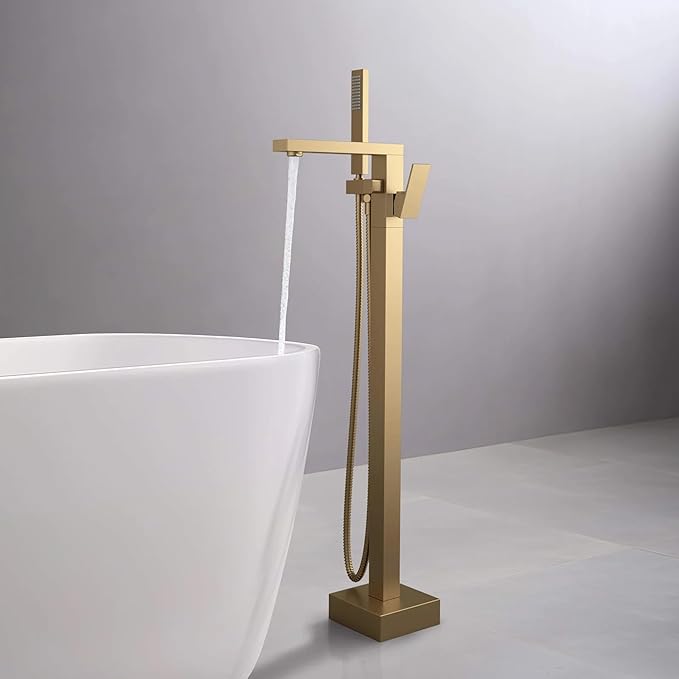 KIBI Cube Brushed Brass Freestanding Bathtub Faucet Floor‑Mounted Brass Tub Filler | Single‑Handle Bathroom Faucets with Hand Shower, Ceramic Cartridge & Stainless Steel Hose (KTF302)