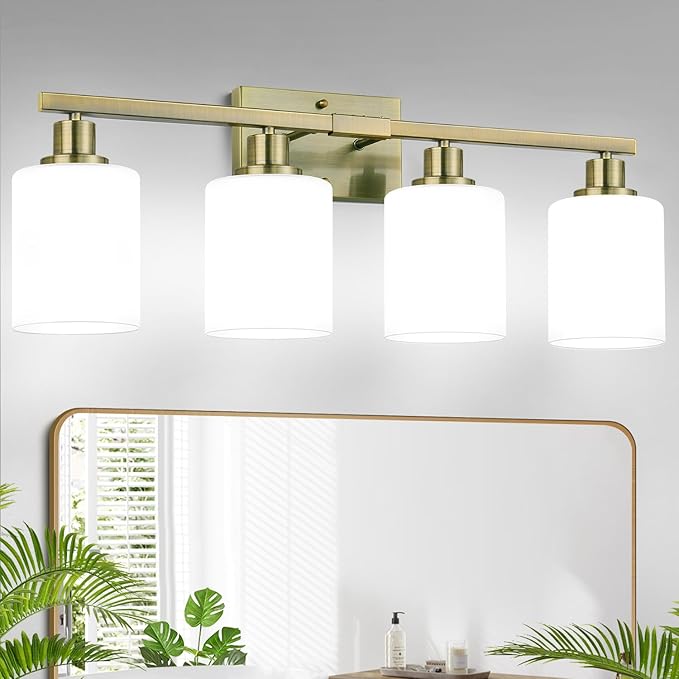 4-Light Bathroom Light Fixtures, Aged Brass Vanity Light with Milky White Shades, Bathroom Lighting Fixtures Over Mirror, Modern Bathroom Wall Lamp for Mirror Living Room Cabinet Bedroom