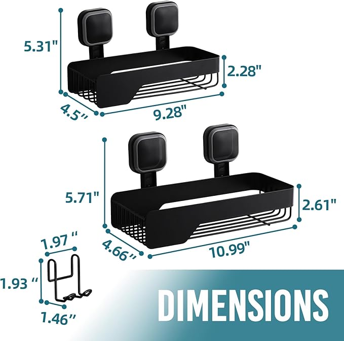 TAILI Shower Caddy Suction Cup 2 Pack,Stainless Steel Rustproof Shower Shelves,No Drilling Wall Mounted Basket,Large Capacity,Removable Suction Cup Bathroom Organizers & Home Decor,Black