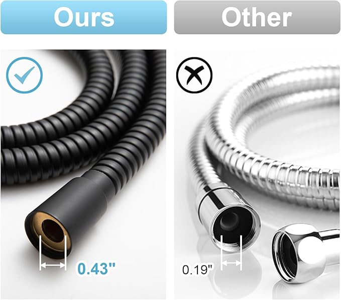 OFFO Shower Hose High Flow 0.43” Large Bore, Kink Free Stainless Steel Shower Head Hose Replacement G1/2”, Leak-proof Extra Long Flex Handheld for Pet Bathing Cleaning, 60 in Matte Black