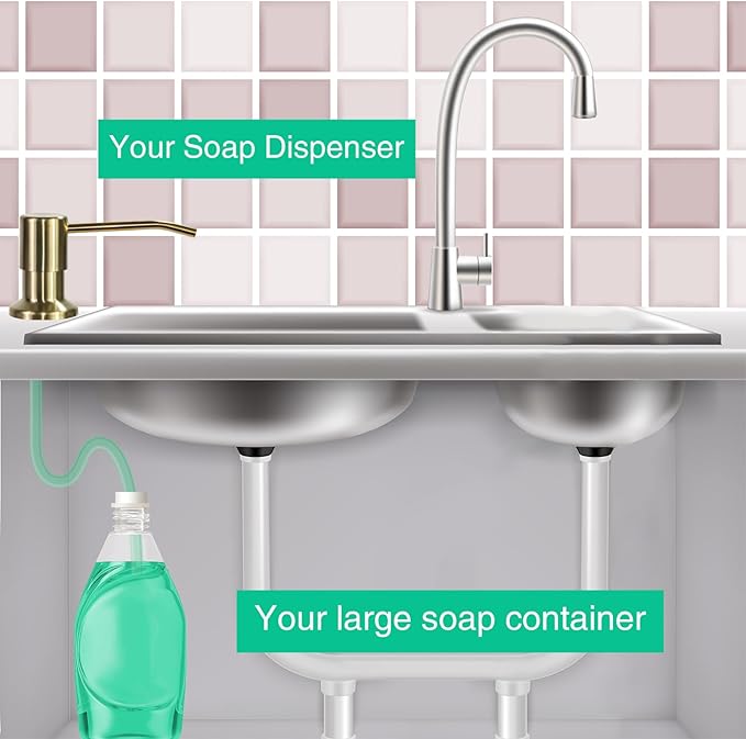 Soap Dispenser for Kitchen Sink, Built in Sink Soap Dispenser, Countertop Soap Dispenser Pump with 47" Extension Tube kit, No Need to Fill Little Bottle Again, Golden