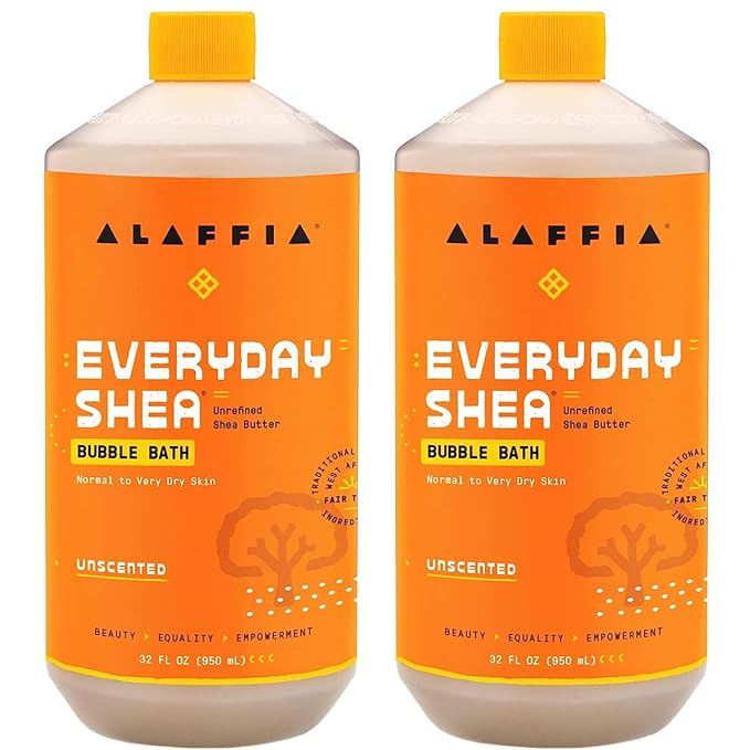 Alaffia Everyday Shea Bubble Bath, Cleanse, Soothe & Moisturize Skin, Made with Fair Trade Shea Butter, Cruelty Free, No Parabens, Vegan, Unscented, 2 Pack – 32 Fl Oz Ea