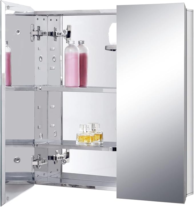 Fundin Stainless Steel Medicine Cabinet, Bathroom Mirror Cabinet, Surface Mount and Recess Mount, 23.6 x 25.6 inch, with Unique Half-Shelves for Greater Storage adjustability