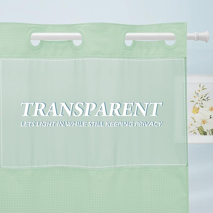 Mint Green Stall No Hook Shower Curtain with Snap in Liner,230GSM Waffle Weave Shower Curtains for Bathroom,54W x 80H