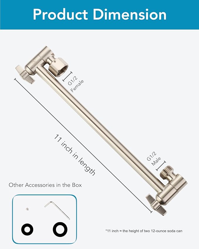 11 Inch Adjustable Shower Head Extension Arm With Locking Set Screw, Singing Rain Brass Nickel Brushed Angle Height Adjustable, Easy To Install, G1/2 Universal Connector Compatible (Nickel Brushed)