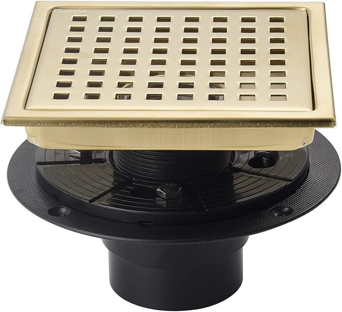 6 Inch Shower Drain Brushed Gold with Adjustable Shower Drain Base Flange SUS304 Stainless Steel Floor Drain Cover Removable Mesh Grille