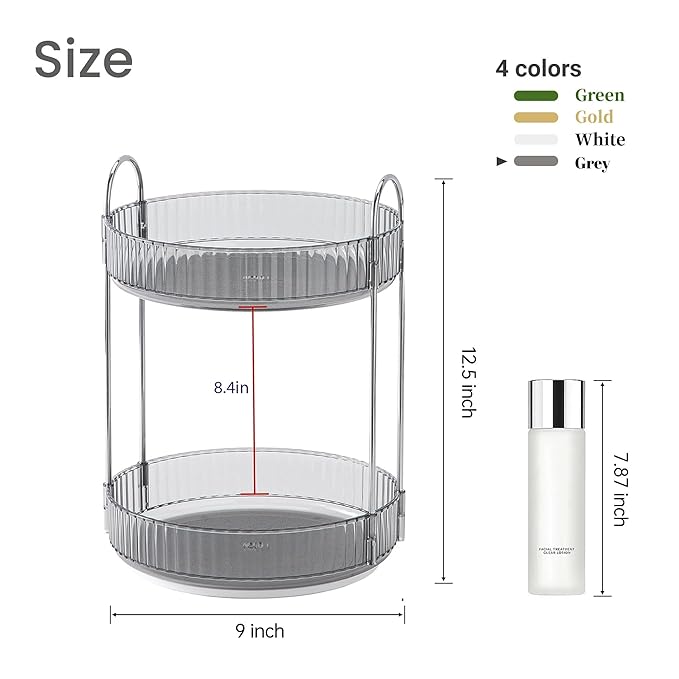 Aveniee 360 Rotating Makeup Organizer for Vanity, Skincare Perfume Organizers Large, Bathroom Countertop Organizer and Storage, Clear Cosmetics Lipstick Holder for Dresser,2 Tiers, Grey