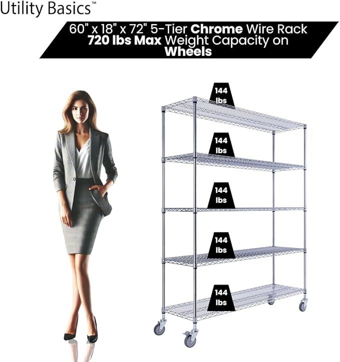 NSF Commercial 5-Tier Wire Shelving with Wheels, 60"x18"x72" Heavy Duty Metal Shelves 4000 lbs Max Capacity, Chrome Storage Rack for Garage Kitchen Pantry Warehouse