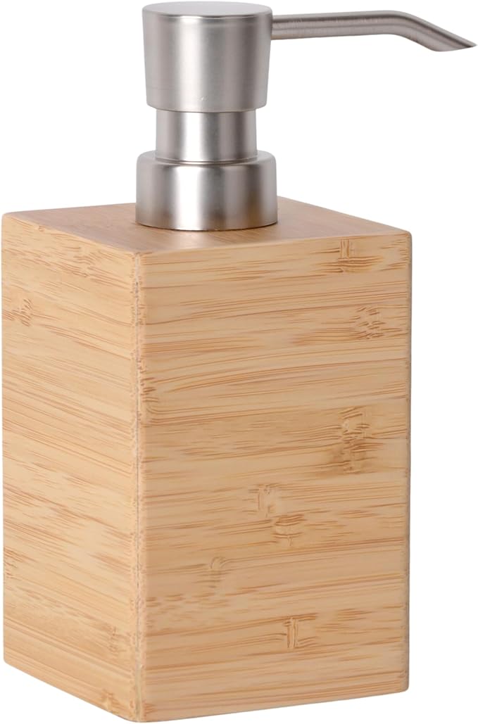 Bamboo Soap Dispenser with Anti-Slip Pads and Stylish Horizontal Wood Grain, Hand Dispenser for Bathroom, Kitchen, Dish, Lotion, Shampoo, Liquid Soap (7 Oz)