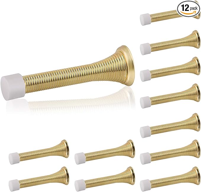 HOMOTEK 12 Pack Spring Door Stopper with Rubber Bumper 3-1/8" Flexible Spring Heavy Duty Wall Door Stop Low Mounted Door Bumper for Home (Bright Brass)