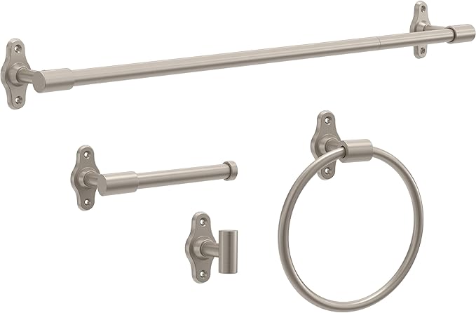 Franklin Brass Calloway 4-Piece Bathroom Set Satin Nickel 18" + 6" Towel Rack, Toilet Paper Holder, Hand Towel Holder, Hook | 4-Piece Bath Hardware Accessories Set CLWY64-SN