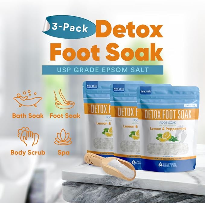 Detox Foot Soak (3 Pack Plus Scoop) Epsom Salt Soothing Soaks and Athlete's Foot Detox with Essential Oils in BPA Free Pouch with Press Lock Seal (Bundle with Three 2 Lbs Pouches 6 Lbs Total)