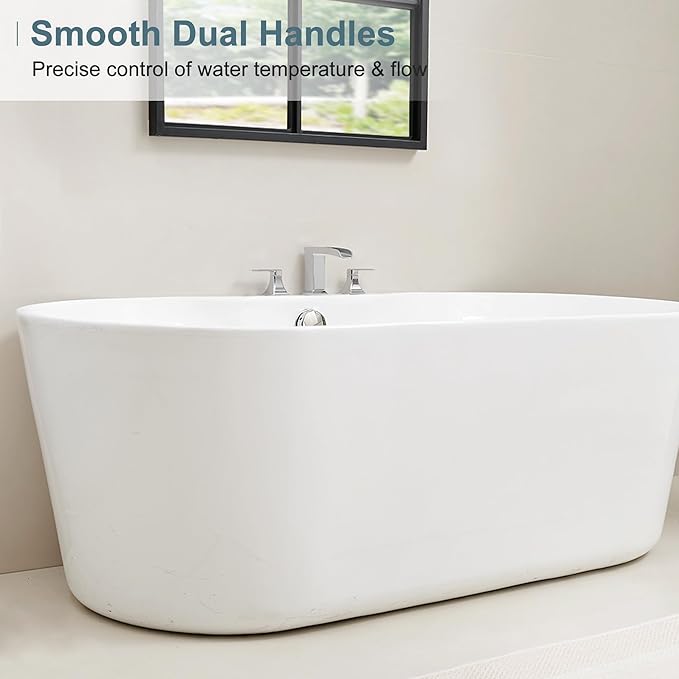 Brass Roman Tub Faucets, High Flow Waterfall Deck Mount Bathtub Faucet Set, Widespread 3 Hole with Dual Handles & Pre-Installed Hose, Modern Style Suit Soaking Tub, Chrome