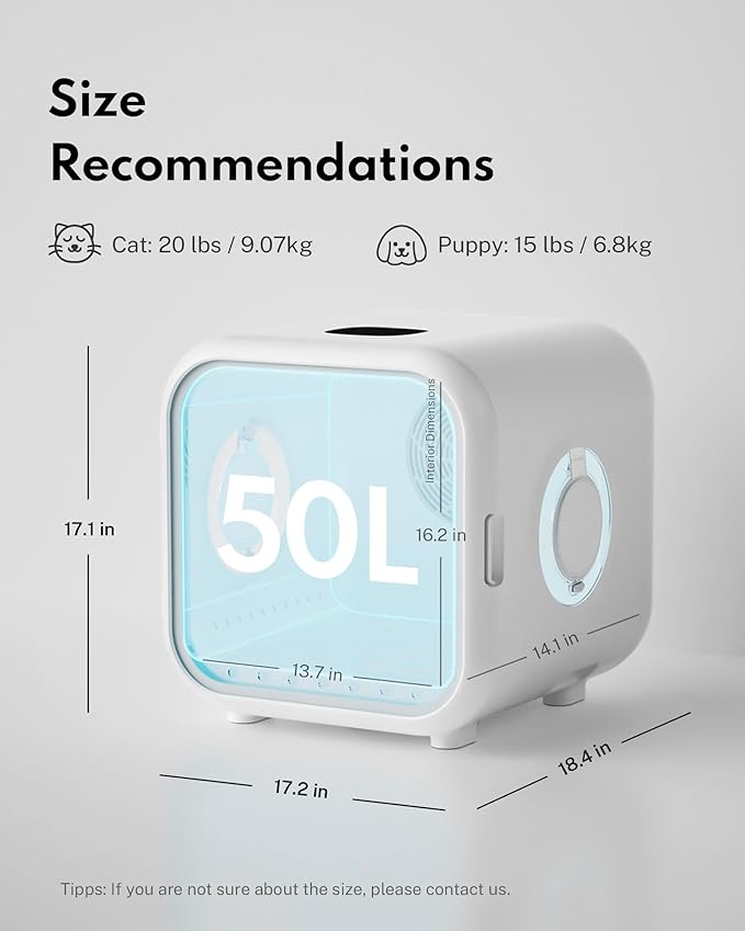HomeRunPet Cat Dryer, 360° Efficient Automatic and Quiet Box with Smart Temperature Control, Ideal for Small Dogs (50L Drybo Plus Pet Dryer Box)