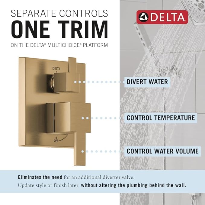 Delta Modern 14 Series Square Rain Shower System Faucet Set, Rainfall Brushed Gold Shower Head and Handle Set, Valve Trim Kit, 10 Inch, Champagne Bronze 342701-CZ