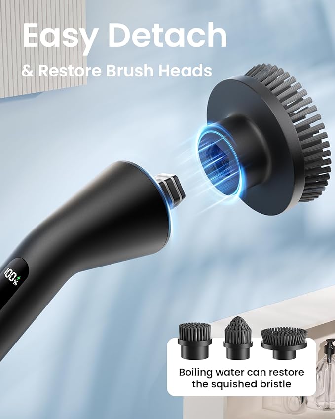 Electric Spin Scrubber, 2025 New Cordless Cleaning Brush for Home, IPX7 Waterproof Spin Scrubber with 7 Brush Heads, Adjustable Long Handle and 2 Rotating Speeds for Bathroom Tub Floor