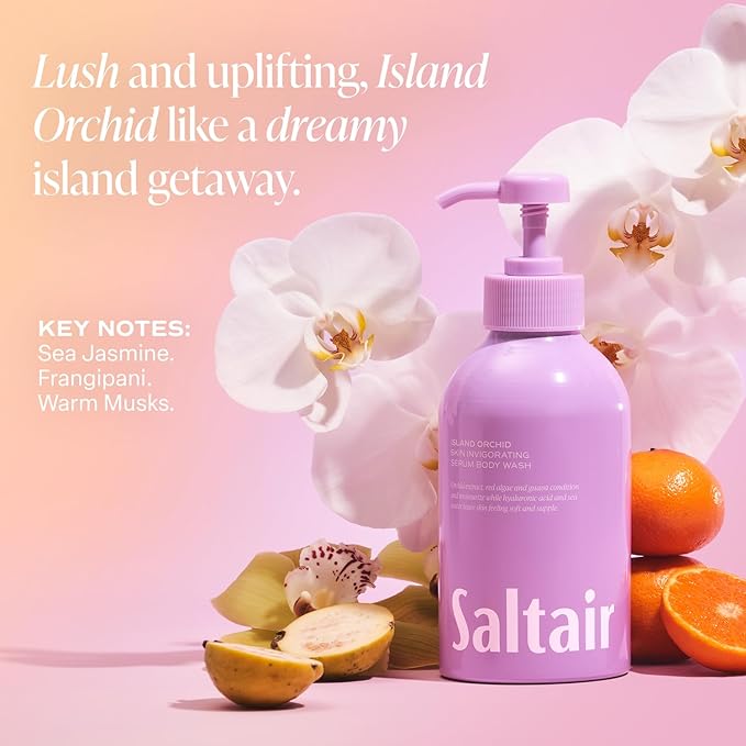 Saltair Body Wash, Island Orchid 2-Pack. Moisturizing Body Cleanser with Monoi Oil and Cupuacu Butter. Luxury Shower Gel for Women and Men. Vegan, Cruelty-Free, Paraben-Free. 2x 17oz Pump Bottles