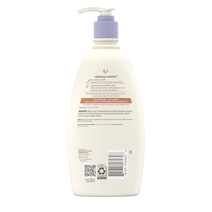 Aveeno Baby Calming Comfort Moisturizing Body Lotion with Relaxing Lavender & Vanilla Scents, Non-Greasy Baby Lotion, Nourishing Prebiotic Oatmeal, Paraben- & Phthalate-Free, 18 fl. oz