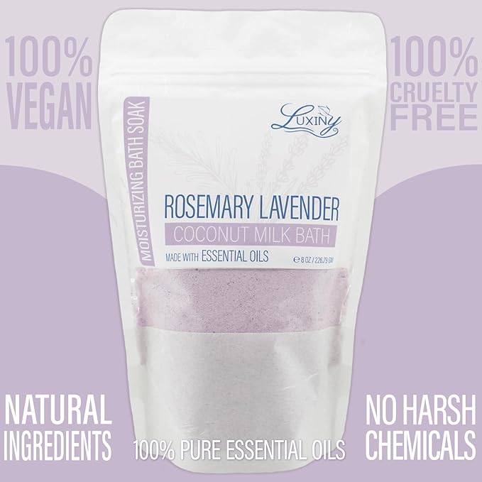 Luxiny Vegan Milk Bath Soak Made with Moisturizing Coconut Milk Powder, Essential Oil, & Sweet Almond Oil for a Bath Bomb Dust Soothing Fizz & Relaxing Soak, 8 oz. (Rosemary Lavender)