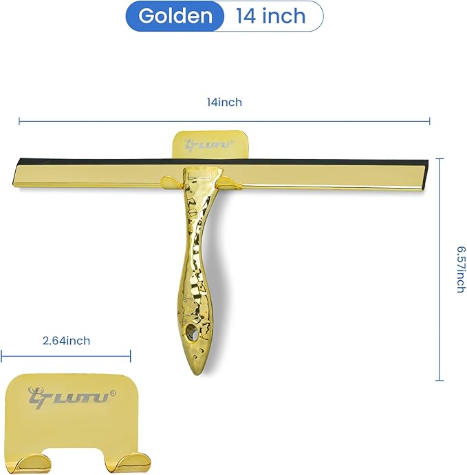 All-Purpose Silicone Shower Squeegee for Shower Glass Door,with 1 Hooks,for Bathroom Glass, Car, Tile Wall, Mirror Cleaning - Flower Shaped Handle for Easy-Grip 14 Inch Golden