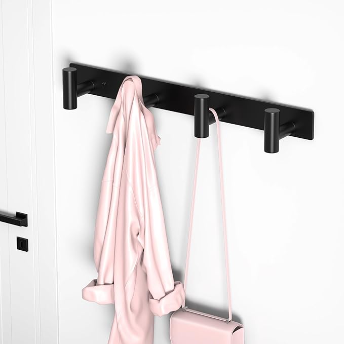 PMMASTO Coat Rack Wall Mounted, 4 "T Shaped Wall Hooks for Hanging, Heavy Duty Stainless Steel Coat Hook Rail for Hat Towel Robes in Bathroom Kitchen Mudroom Entryway (Black, 1 PC)