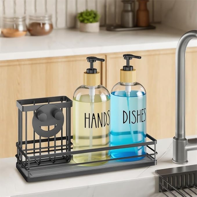 Moforoco Kitchen Dish Soap Dispenser Set, 16OZ Glass Bottle, Hand and Dish Soap Dispenser Set, Instant Dry Tray, Non-Slip Silicone Pad, Brush Holder with Sponge Holder, Kitchen Decor（Clear Bottle）