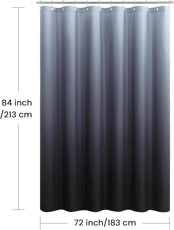 Extra Long Fabric Shower Curtain, Black and Grey Ombre Shower Curtains for Bathroom, Modern Waterproof Bathroom Curtains, 72" W x 84" H