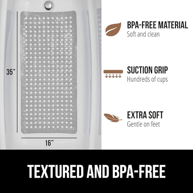 GORILLA GRIP Patented Bath Tub Shower Mat, Machine Washable Bathtub Floor Liner Mats, Suction Cups and Drain Holes to Keep Tubs Clean, Soft on Feet, Bathroom Essentials, 35x16 Inch, Gray Opaque