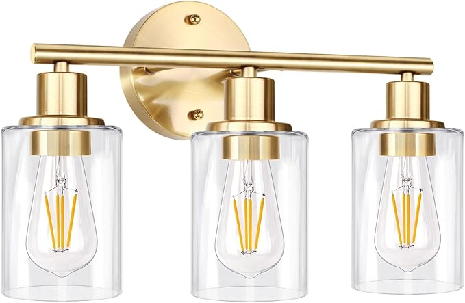 3-Light Gold Bathroom Light Fixtures, Modern Bathroom Vanity Light with Clear Glass Shade, Brushed Gold Bath Wall Mount Lights, Wall Lamp for Mirror Kitchen Bedroom Hallway Living Room Hallway