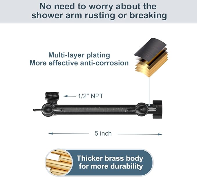 BRIGHT SHOWERS Brass Shower Arm Extender for Rain and Handheld Shower Head, 5 Inch Universal Shower Head Extension Arm, Height & Angle Adjustable, Oil-Rubbed Bronze