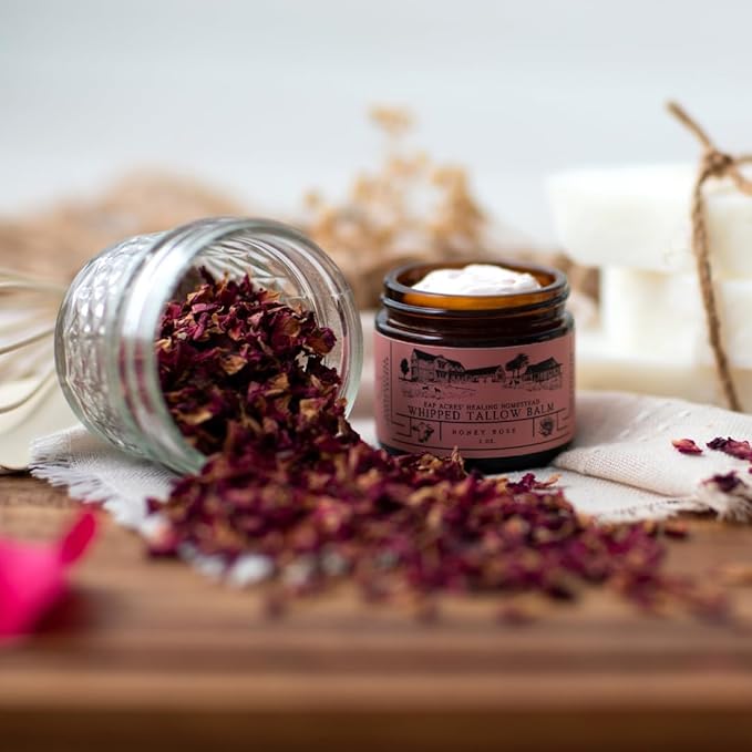 Rose-infused 100% Grass-Fed Whipped Tallow Balm-Organic Jojoba Oil, Rosehip Oil, Face and Body Moisturizer for Dry, Sensitive Skin, Eczema (ROSE-INFUSED)