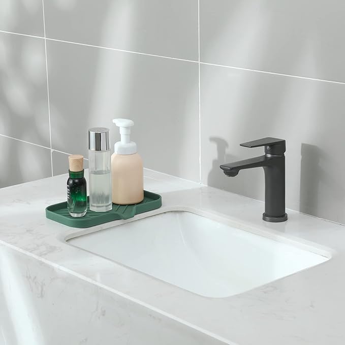 Silicone Bathroom Soap Dishes with Drain Spout-Bathroom and Kitchen Sink Organizer,Sponge Holder,Dish Soap Tray,Perfect for Dispenser,Scrubber,Bottle,Cup on Sink or Counter-Green 9.6"×5.3"